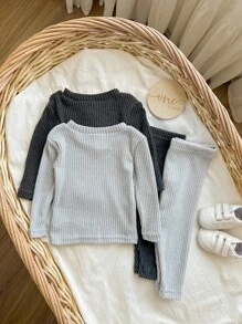 4pcs Baby Boy Solid Gray Comfortable Round Neck Long Sleeve T-Shirt And Leggings Soft Snug Fit Pajama Set