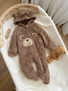 新生男婴可爱熊图案刺绣 3D 耳朵连帽长袖前拉链柔软毛绒衬里连体衣适合秋冬季