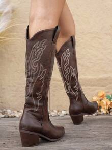 Styleloop Giày bốt cao đến đầu gối thêu họa tiết cổ điển dành cho nữ, thời trang cho lễ Halloween, Giáng sinh và tiệc tùng - Cà phê nâu - Xem 5