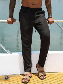 Manfinity Homme Men's Solid Color Pleated Straight Loose Casual Pants - Black - View 5