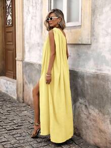 Brillora Simple Color Woven Long Split Dress For Women, Vacation Style,Dresses For Women Summer