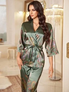 LuxeNights New Women's Faux Silk Printed Long Pants & 3/4 Sleeve Kimono Cardigan Pajama Set - Multicolor - View 6