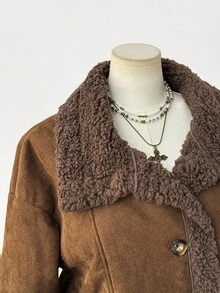 Sweetra Plus Size New Elegant Deer Velvet Thermal Lined Reversible Long Sleeve Short Jacket For Women, Thickened Double-Sided Wear Coat, Winter Fall Autumn