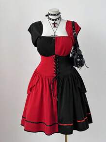 Flirla Váy xếp ly buộc dây màu đen và đỏ cỡ lớn dành cho nữ - Nhiều màu - Xem 2