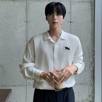 봄/여름 남성용 자수 패턴 화이트 하프 플래킷 폴로 카라 셔츠