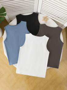 Back To School Fashion 4pcs/Set Big Girl Casual Knit Round Neck Camisole, Mist Blue, Milky White, Light Gray, Dark Gray, Spring/Summer Boys Sleeveless Tops Boys Summer Tank Tops Boys Tank Tops - Multicolor - View 2