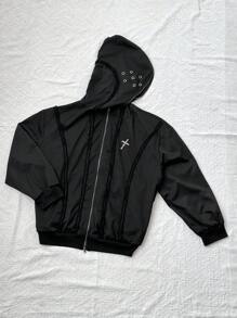 Sunspun 大码女式秋冬开襟连帽夹克，带索环，系带，流苏饰边，复古朋克休闲黑色夹克 - 黑色 - 查看 5