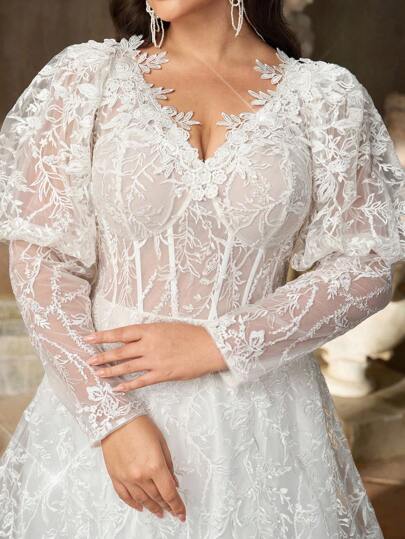 Aureia Plus Size Autumn And Winter Elegant Romantic Gorgeous White Sequin Embroidery Mesh Fabric Splicing Satin V-Neck See-Through Long Sleeves Plus Pleated Oversized Skirt Suitable For Dinner Dance Vacation Honeymoon Wedding Event Bride Beautiful Wedding Dress