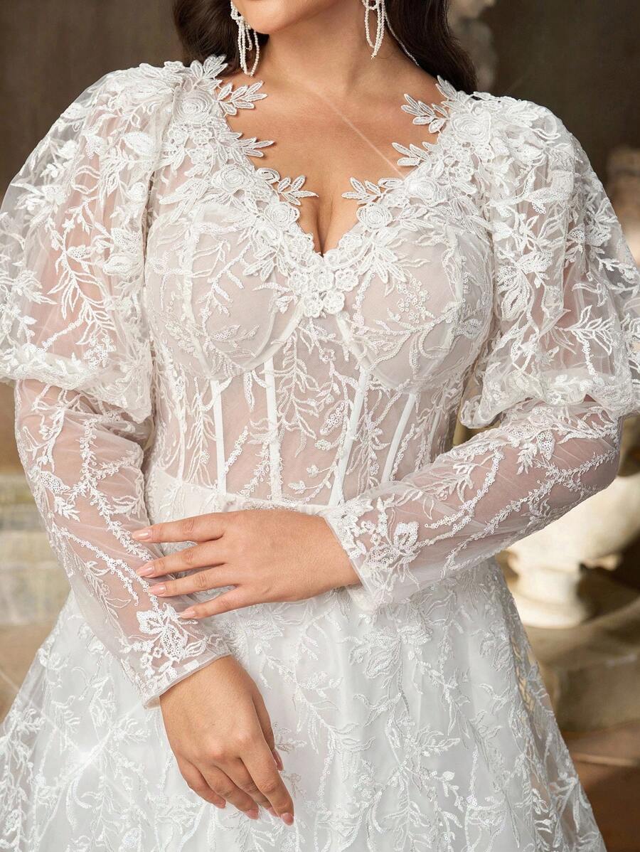 Aureia Plus Size White Spring Elegant Wedding Dress,Gorgeous Sequin Embroidery Mesh Satin V-Neck See-Through Long Sleeves Pleated Oversized Skirt For Dinner - White - View 1