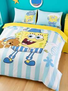 SpongeBob SquarePants | SHEIN 3 件套床上用品，柔软温暖的拉绒材质，蓝色条纹卡通图案羽绒被套，适用于单人床/双人床/大号床/特大号床 - 彩色 - 查看 5