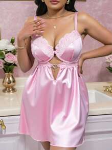 ROMWE Kawaii Baby Doll Silky Satin Lace Patchwork Plus Size Sexy Dress Set - Pink - View 1