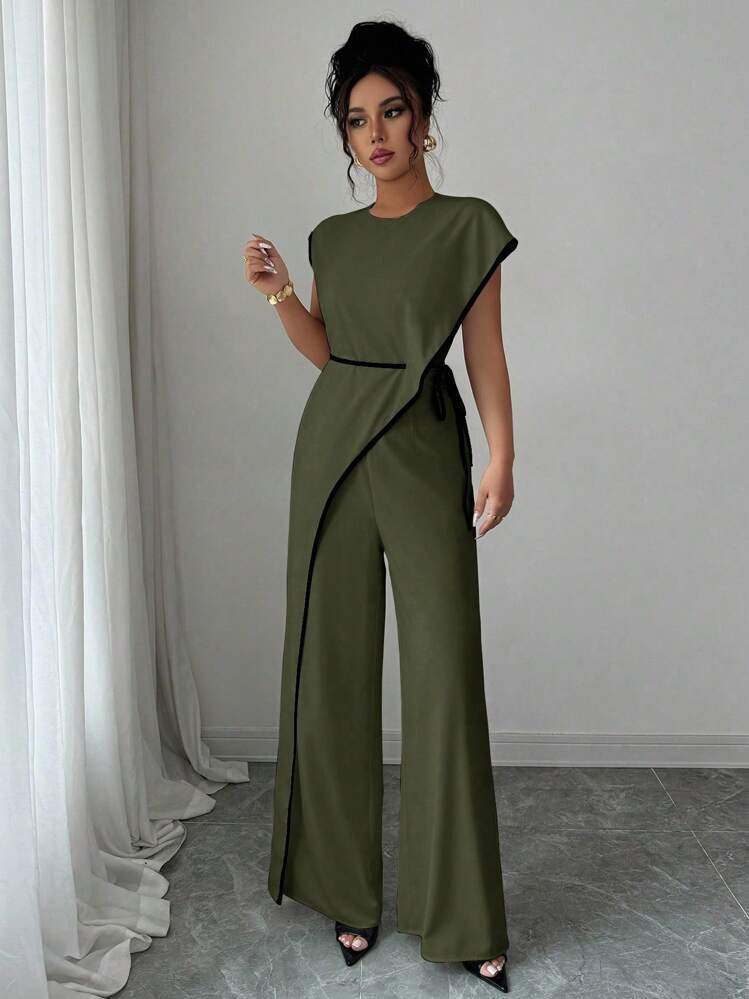 Elenzga Jumpsuit med rund hals och utsvängda ärmar för kvinnor - Armé Grön - Visa 5