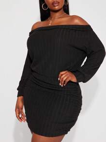 SHEIN SXY 大码女式性感露肩紧身黑色连衣裙，适合日常穿着、节日、约会之夜、生日、单身派对装、婚礼、优雅、休闲、购物、街头服饰、外出、易于搭配且看起来苗条，凸显您的身材，修饰身材 - 黑色 - 查看 12