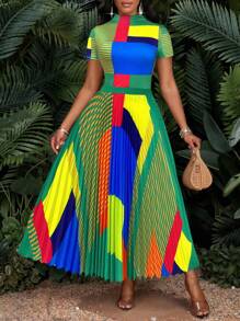 SHEIN Lady 夏季时尚彩色印花立领上衣和百褶裙套装 - 綠色 - 查看 3