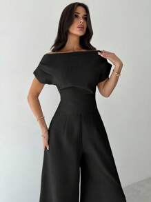 Firerie Summer New Women's Elegant Casual Commuter White Drop Shoulder Blouse & Wide Leg Pants Suit - Black - View 4