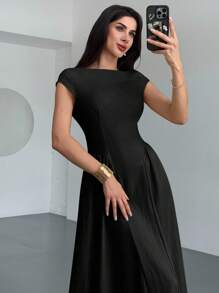 Firerie 女士优雅日常时尚新款度假喇叭腰 A 字中长连衣裙，黄色 - 黑色 - 查看 1