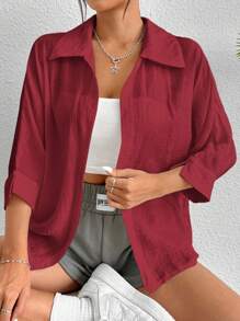 SHEIN PETITE Camisa blanca de manga de murciélago de color blanco sólido de primavera