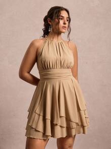 Freevana 大码女式无袖纯色收腰简约休闲连衣裙，时尚优雅 - 卡其色 - 查看 5