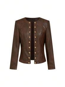 Ellevyn 时尚优雅复古装饰纽扣PU夹克秋季女装秋季女装棕色皮夹克女士秋季服装商务休闲女士棕色夹克 - 咖啡棕 - 查看 6