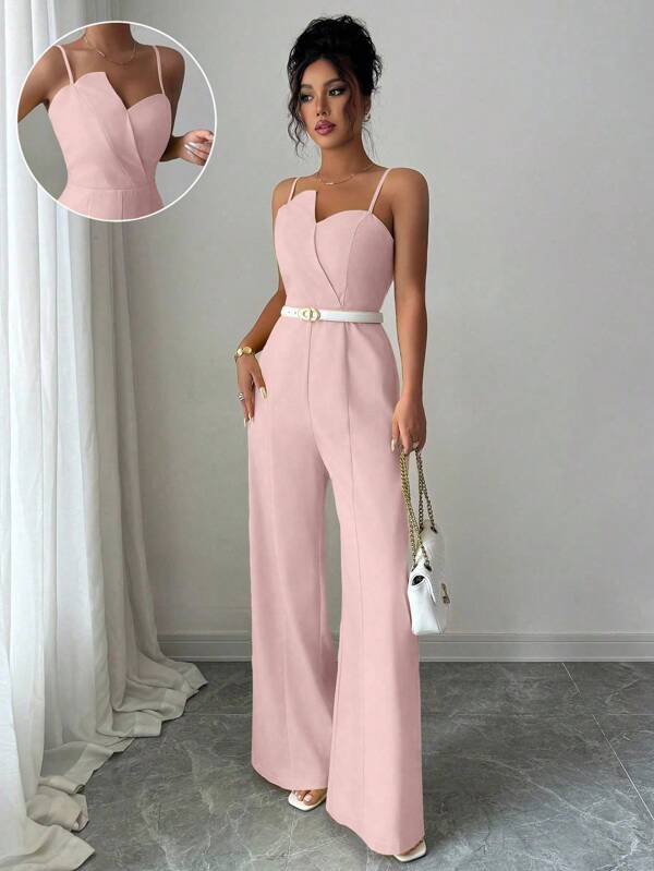 Elenzga Mono elegante de pierna ancha con diseño de bandeau y cintura ceñida en unicolor, adecuado para ir al trabajo y uso diario