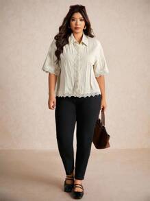 Elaquor 大码休闲蕾丝拼布长袖开衫衬衫 - 杏色 - 查看 4