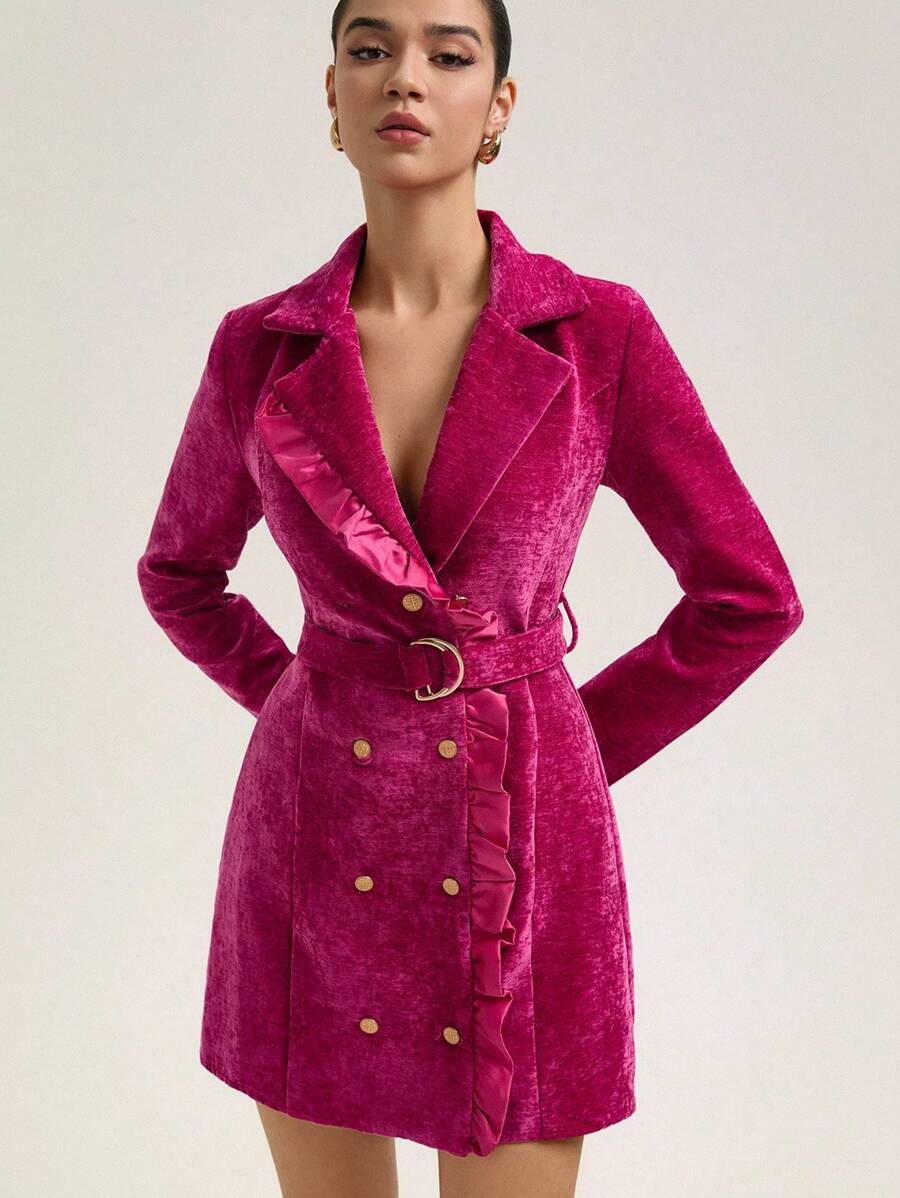 Aveloria Rosie Commuter Ruffle Trim Suit Skirt With Belt, A-Line Collared Long Sleeve Dress Fall Cloth For Women - Hot Pink - View 1
