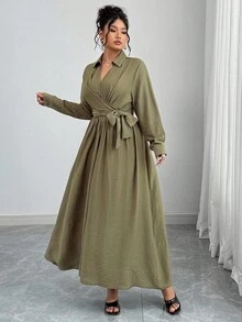 Elenzga 女士优雅复古正式办公室通勤休闲度假下午茶连衣裙，法式精致纯色 V 领腰带 A 字长袖超长连衣裙，军绿色 - 軍綠色 - 查看 3