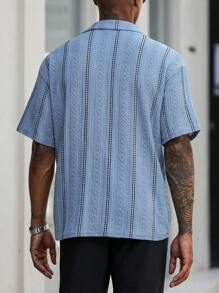 Manfinity Homme Business Style Men's Polo Shirt In Fabric With Regular Hem And Detailed Pattern Men Textured Shirt - BLUE AND BLACK - View 2