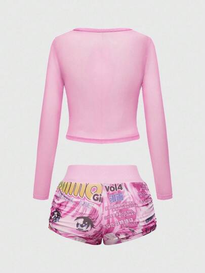 ROMWE Avant Conjunto de 2 piezas de top de manga larga transparente con estampado de personaje de anime sexy y shorts ajustados de talle bajo para mujer, estilo Y2K