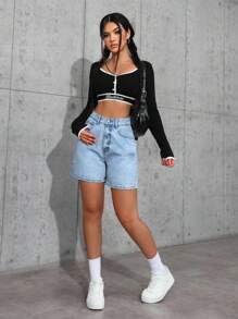 SHEIN ICON 大码女式休闲口袋牛仔短裤，适合度假穿着 - 淺色水洗藍 - 查看 4