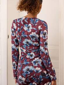 lacRébo 勃艮第红花卉网眼紧身中长连衣裙，长袖和侧开衩，教师装，办公室装，商务休闲装 - 彩色 - 查看 5