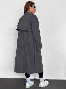 SHEIN EZwear 深灰色中长款风衣，翻领口袋细节，适合秋冬休闲风格风衣女长款风衣 - 深灰色 - 查看 2