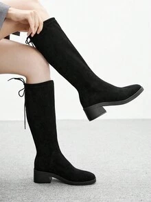 CUCCOO BIZCHIC 女士圆头厚底黑色绒面革过膝长靴，松紧带系带高筒靴，适合日常穿着和通勤 - 黑色 - 查看 1