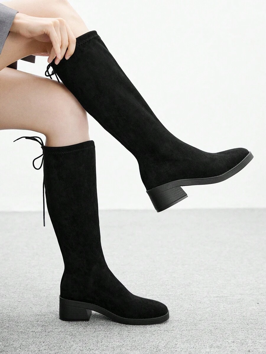 CUCCOO BIZCHIC 女士圆头厚底黑色绒面革过膝长靴，松紧带系带高筒靴，适合日常穿着和通勤 - 黑色 - 查看 1