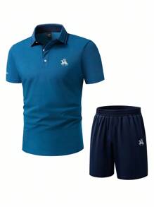 Manfinity Homme 男士刺绣纽扣 Polo 衫和口袋短裤休闲两件套（L 码不对称款） - 藍色 - 查看 3