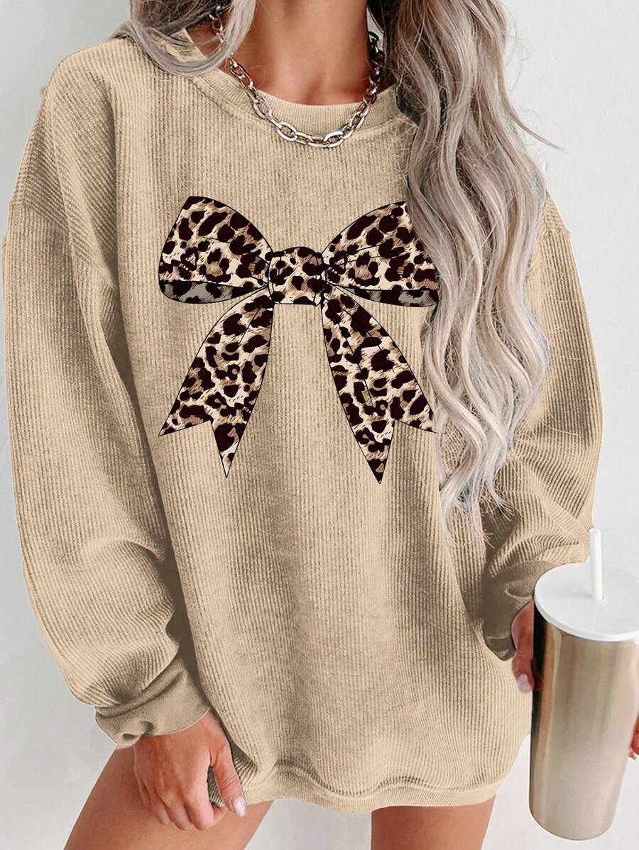 INAWLY Women's Casual Leopard Print Bow Sweatshirt For Autumn Graduation,Back To School,Graduation,Teacher For Women,Back To School Pullover Fall Sweatshirt