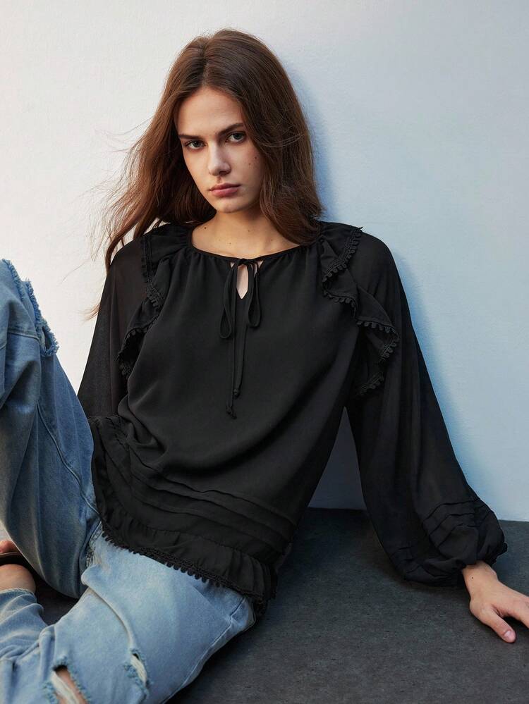 SHEIN Maija Women's Casual Solid Color Minimalist Tie Front Long Sleeve Black Blouse, Modern Vacation Casual Fashion Country Concert Top Beach Clothing, Bohemian Style Vacation Wear, Ins Celebrity Same Style Vacation Style, Exotic Atmosphere, Country Concert, Western Style Clothing, High-Grade Fabric, Comfortable And Breathable,Modern Vacation Nomadic Casual Fashion All-Match Women's Country Concert Clothing Western Style Women's Clothing Nomadic Style Bohemian High-End Elegance All-Match Country Concert