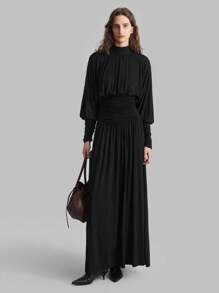 Ontre 2025 Nouvelle robe noire de printemps pour femmes avec col montant, plissée, manches lanternes, style minimaliste