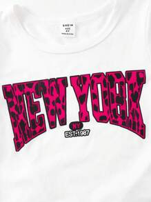 SHEIN 女童豹纹字母图案短袖T恤和豹纹蝴蝶结装饰裤套装，时尚清凉的夏季服装，猎豹纹女童套装，动物纹服装，Y2K风格少女服装，粉色和黑色服装，女童度假服装，夏季假日女童套装 - 玫紅色 - 查看 3