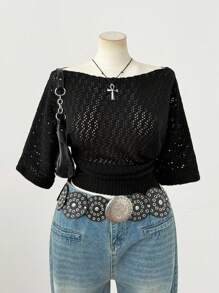 Sweetra Blusa de manga corta de punto elegante y de estilo Y2K oscuro para mujer de talla grande, adecuada para usar en primavera, verano y otoño, apta para el uso diario