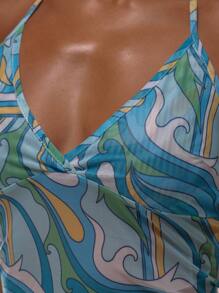 MUSERA Áo cổ yếm có đệm ngực, vạt áo bất đối xứng, chất liệu lưới in họa tiết, ôm sát, thích hợp cho kỳ nghỉ ở Ibiza, phong cách thanh lịch Ibiza, dễ thương, thích hợp cho lễ hội bãi biển, tiệc tùng, phong cách Boho, đồ đi biển, trang phục nghỉ mát, thanh lịch, mùa xuân hè. - Màu xanh lam - Xem 6