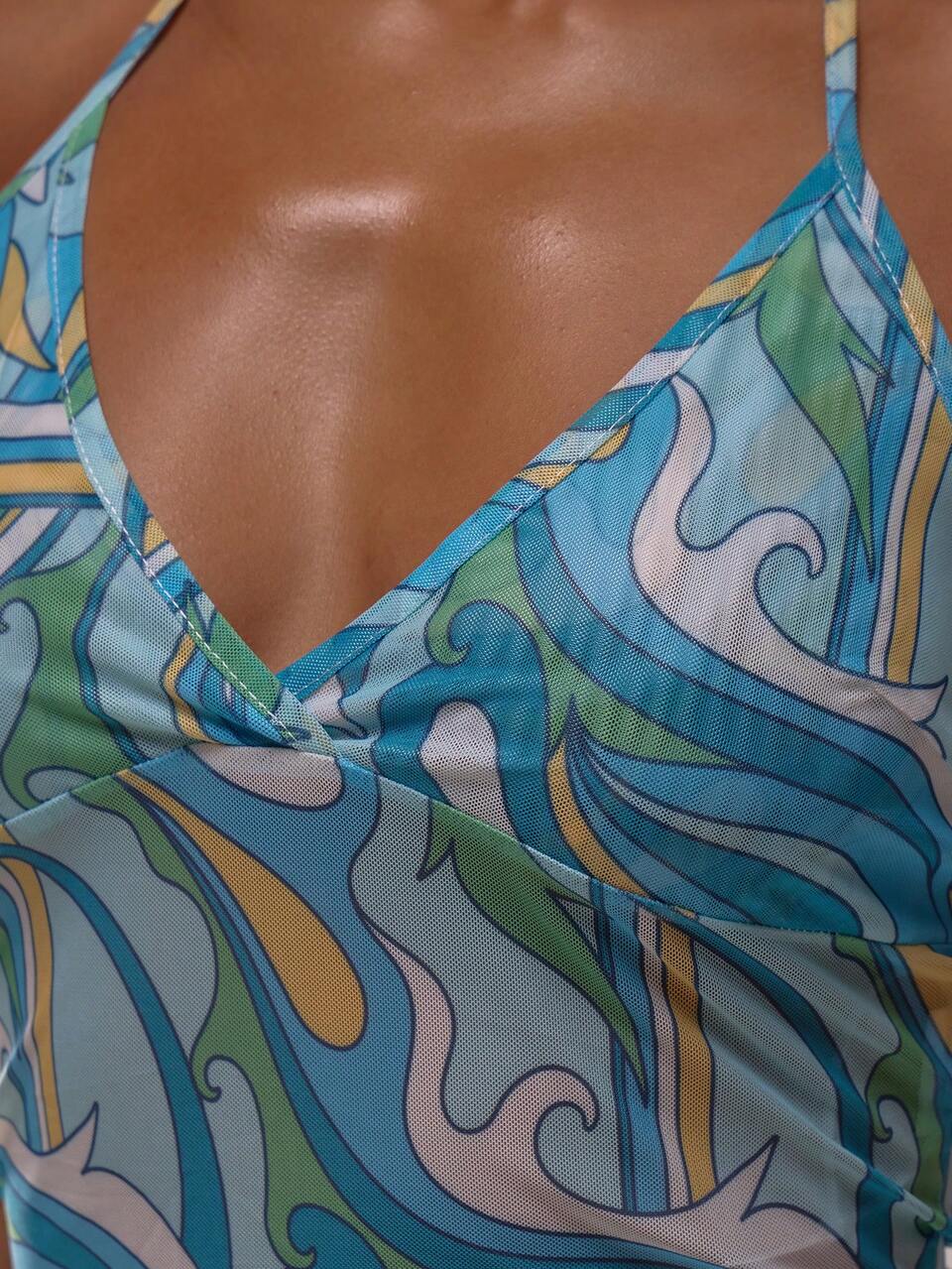 Top halter con copas forradas, bajo asimétrico, de malla con estampado, ajustado, solo parte superior para vacaciones en Ibiza, elegante, lindo, para playa, festival, rave, estilo bohemio, ropa de vacaciones, elegante, primavera-verano