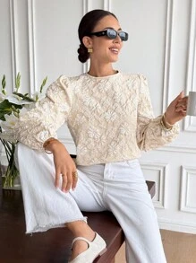 Serisse 女士纯色印花蝴蝶结优雅长袖衬衫，秋季女士，返校，乡村音乐会，商务休闲女士，女士教师，约会之夜女士，生日，女士早午餐，西方女装，商务休闲女士 - 杏色 - 查看 2