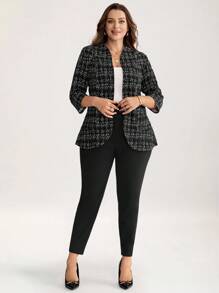 Comfylo 大码女式格子前开式七分袖西装套装 - 黑色 - 查看 6