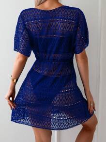 SHEIN Swim Women's Solid Color Hollow Out Sheer Beach Cover Up For Summer Beach Vacation - Royal Blue - View 2