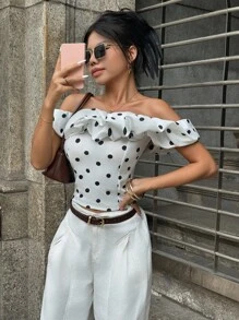 INAWLY Áo nữ thời trang in họa tiết chấm bi một bên vai nhún bèo - trắng - Xem 2