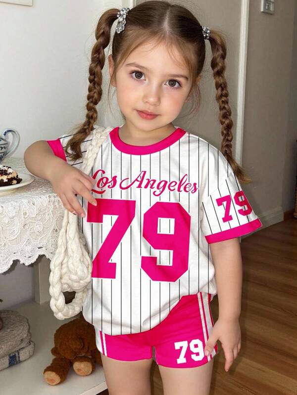 SHEIN 2pcs Baby Girl Casual Loose Fit Numeric 79 Print Round Neck Short Sleeve T-Shirt And Skinny Cycling Shorts Set, Suitable For Spring/Summer, Chill Summer, Vacay Vibes