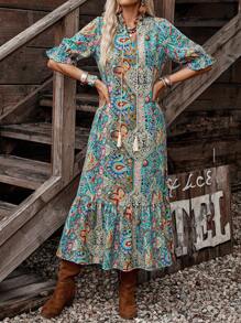 LanaWest Women's Bohemian Style Printed Mid-Sleeve Dress,Ladies Boho Fringe,Ruffle Hem Half Sleeve Tie Neck Loose Long Multicolor Flounce Sleeve All Over Print,Paisley Smock Women Long Dresses,Spring/Fall,Casual Daily Wear Maxi Women Outfit