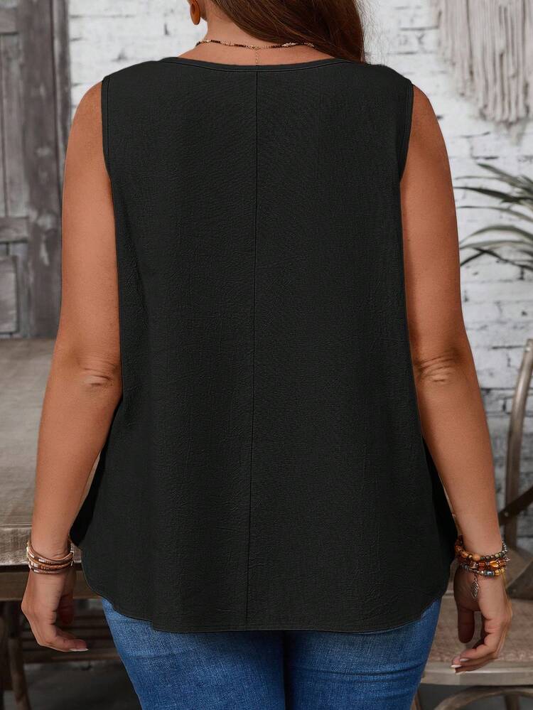 EMERY ROSE Blusa sin mangas casual de caqui con decoración de botones y cuello redondo para mujer talla grande - Negro - Añade 2