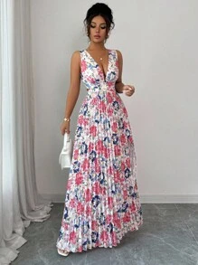 Elenzga Vestido maxi con cuello en V profundo, sin mangas y con volantes con estampado floral para mujer - Multicolor - Ver 4
